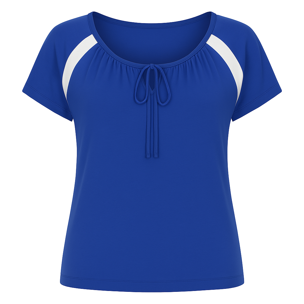 Conquista Blue Contrast Panel Tie-Detail Top with Short Sleeves