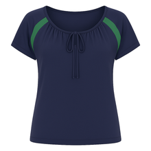 Load image into Gallery viewer, Conquista Navy Contrast Panel Tie-Detail Top with Short Sleeves