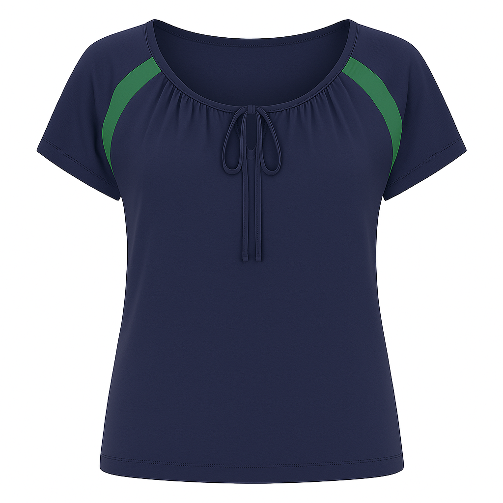 Conquista Navy Contrast Panel Tie-Detail Top with Short Sleeves