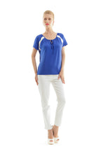 Load image into Gallery viewer, Conquista Blue Contrast Panel Tie-Detail Top with Short Sleeves