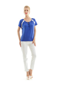 Conquista Blue Contrast Panel Tie-Detail Top with Short Sleeves