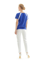 Load image into Gallery viewer, Conquista Blue Contrast Panel Tie-Detail Top with Short Sleeves