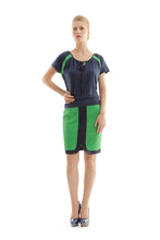 Load image into Gallery viewer, Conquista Navy Contrast Panel Tie-Detail Top with Short Sleeves