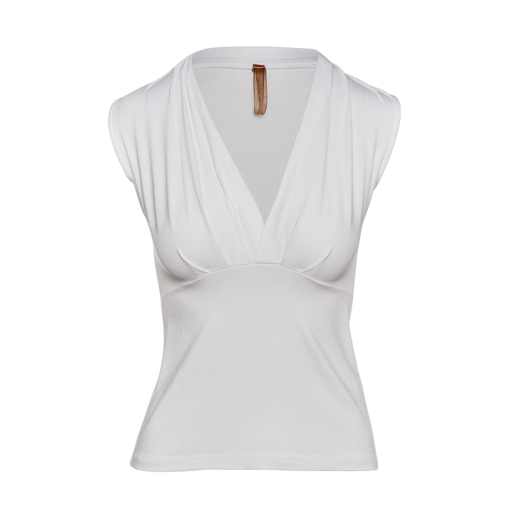 White Sleeveless V-Neck Jersey Top – Stretch Fabric