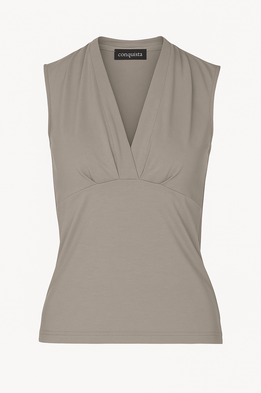 Taupe Sleeveless V-Neck Fitted Top – Soft Viscose-Blend Fabric