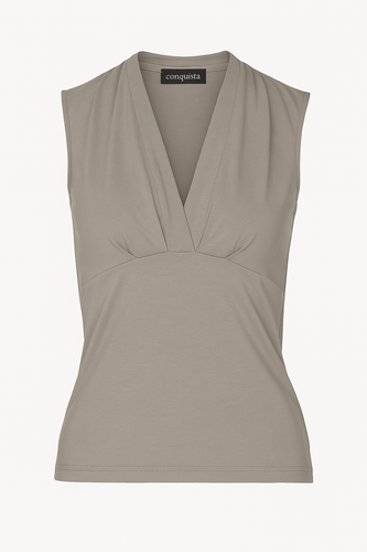 Taupe Sleeveless V-Neck Fitted Top – Soft Viscose-Blend Fabric