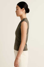 Load image into Gallery viewer, Khaki Viscose-Elastane Jersey Sleeveless Top with Draped Neckline