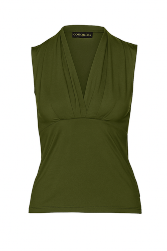Khaki Viscose-Elastane Jersey Sleeveless Top with Draped Neckline