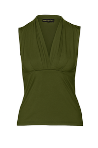 Khaki Viscose-Elastane Jersey Sleeveless Top with Draped Neckline