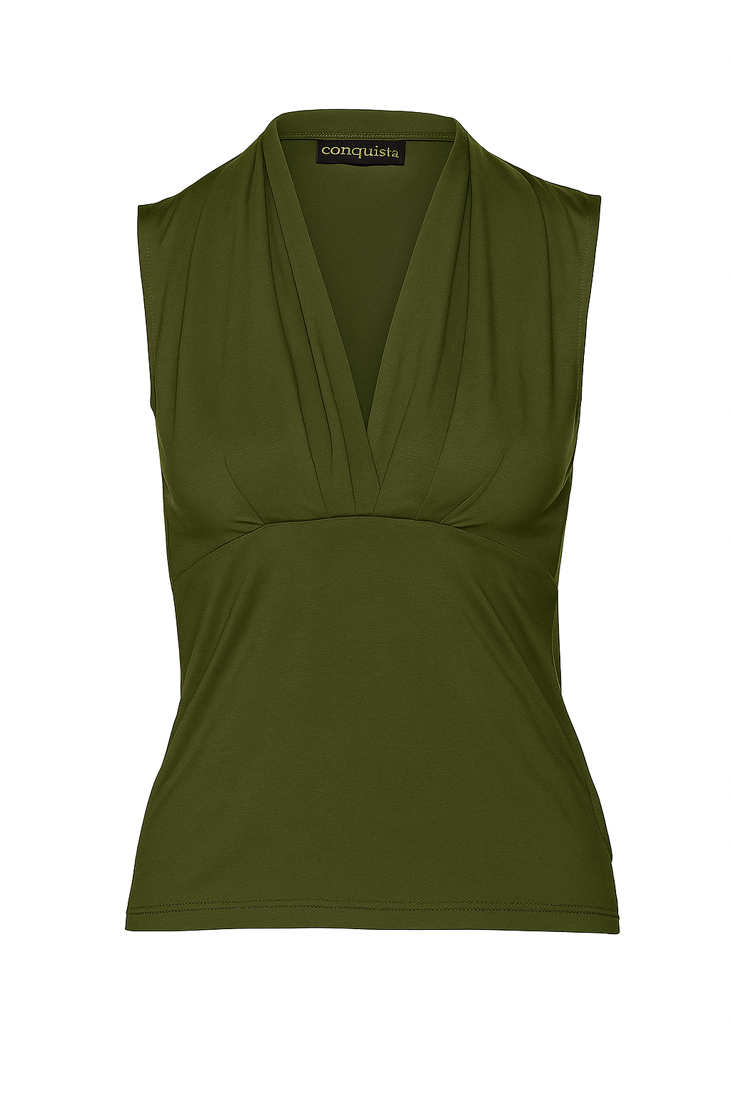 Khaki Viscose-Elastane Jersey Sleeveless Top with Draped Neckline