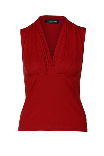 Deep Red Viscose-Elastane Jersey Sleeveless Top with Draped Neckline