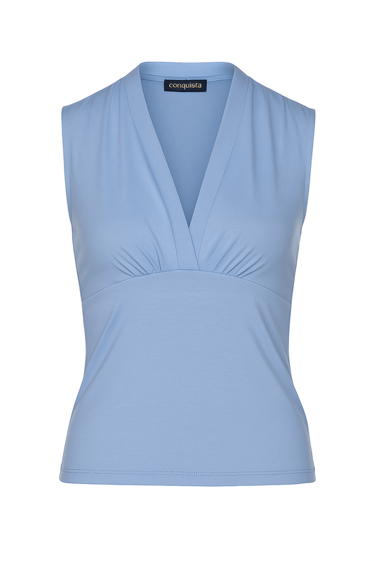 Μπλούζα με V λαιμόκοψη και αμάνικο σχέδιο σε μπλε χρώμα – Μαλακό ύφασμα από μείγμα βισκόζης