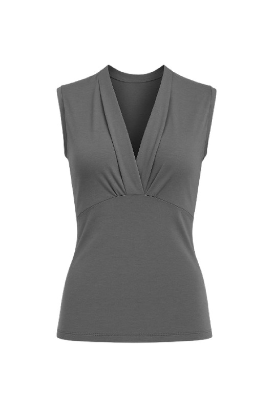 Sleeveless Draped V-Neck Top in Charcoal – Refined, Flattering, Timeless