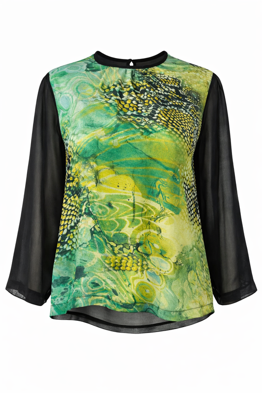 Long-Sleeve Top with Sheer Sleeves and Abstract Green Print