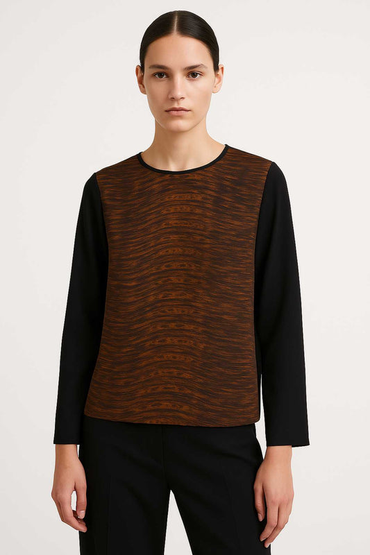 Women’s Long Sleeve Blouse with Printed Front Panel and Sheer Net Sleeves – Polyester