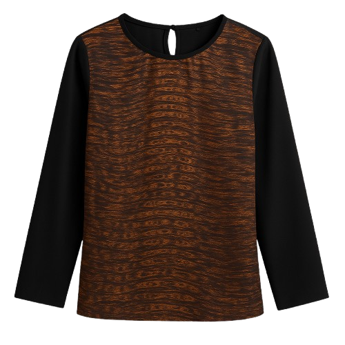 Women’s Long Sleeve Blouse with Printed Front Panel and Sheer Net Sleeves – Polyester