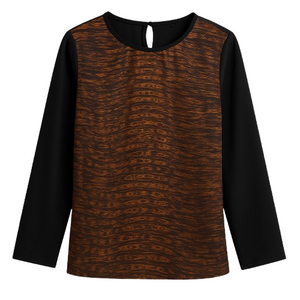 Women’s Long Sleeve Blouse with Printed Front Panel and Sheer Net Sleeves – Polyester