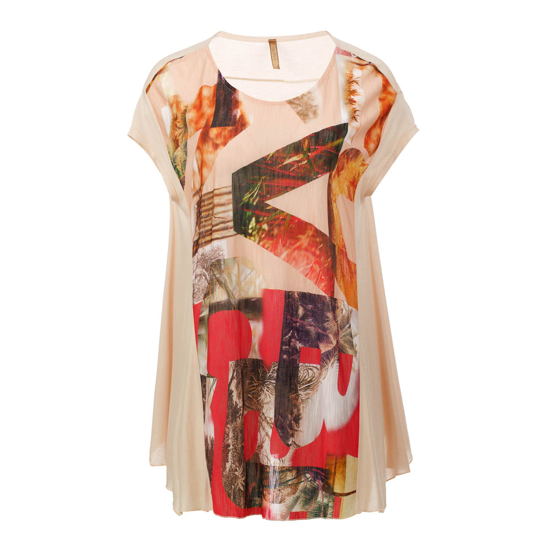 Vibrant Collage Print Oversized Top with Cashmere Blend