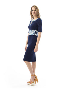 Women's Navy Blue Viscose-Elastane Jersey Midi Dress with Patterned Waistband