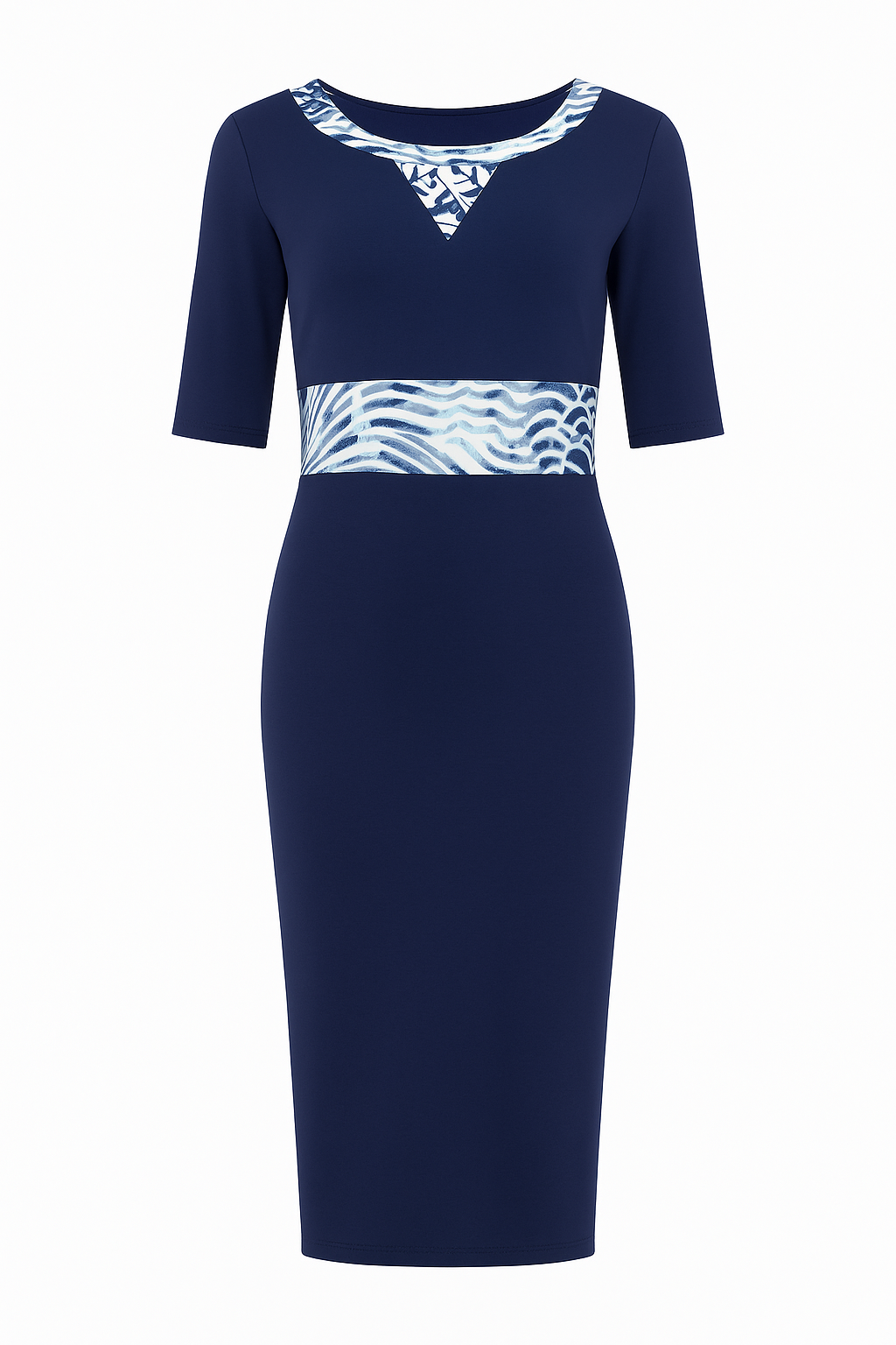 Women's Navy Blue Viscose-Elastane Jersey Midi Dress with Patterned Waistband