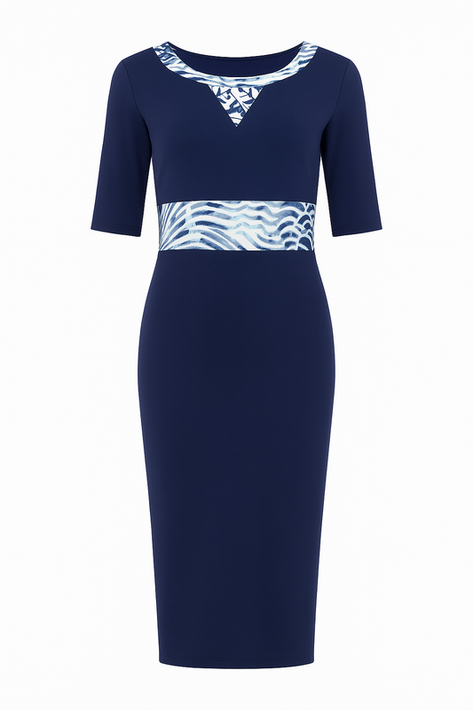 Women's Navy Blue Viscose-Elastane Jersey Midi Dress with Patterned Waistband