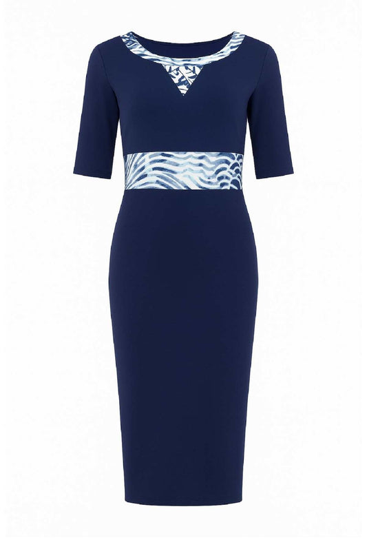 Women's Navy Blue Viscose-Elastane Jersey Midi Dress with Patterned Waistband