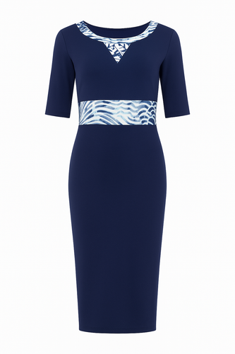 Women's Navy Blue Viscose-Elastane Jersey Midi Dress with Patterned Waistband