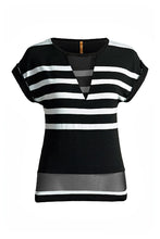 Load image into Gallery viewer, Women&#39;s Contemporary Black and White Striped Viscose-Elastane Jersey Top with Mesh Detail