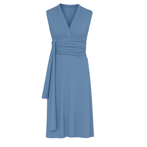 Dusty Light Blue Sleeveless Jersey Dress with Waist Tie in Viscose and Elastane