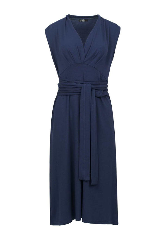 Sleeveless V-Neck Jersey Dress with Wrap Belt - Navy