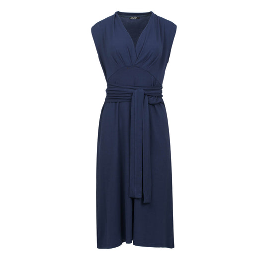 Sleeveless V-Neck Jersey Dress with Wrap Belt - Navy