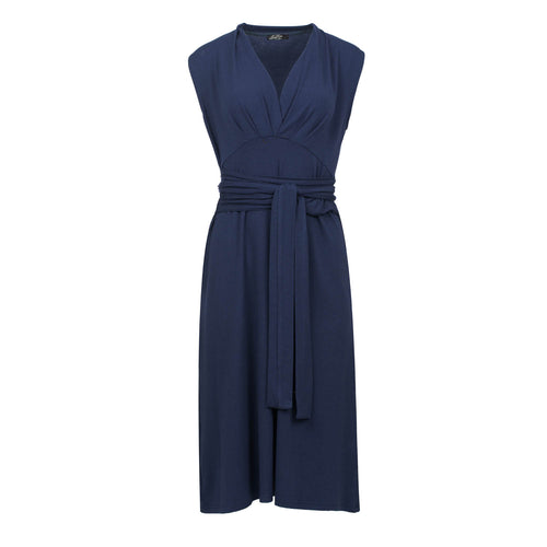 Sleeveless V-Neck Jersey Dress with Wrap Belt - Navy