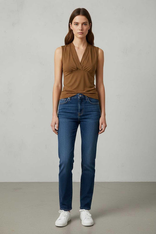 V-Neck Sleeveless Jersey Top – Chestnut Brown
