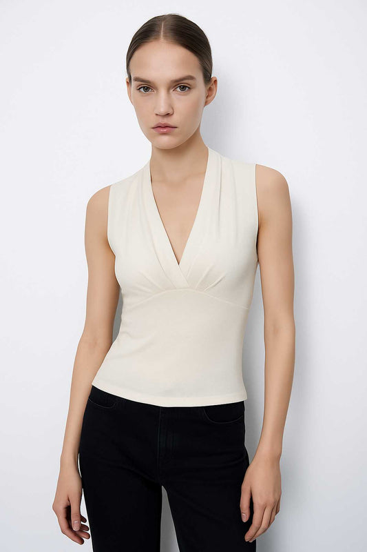 Women’s Sleeveless Ecru Jersey Top – Micromodal & Elastane V-Neck Blouse