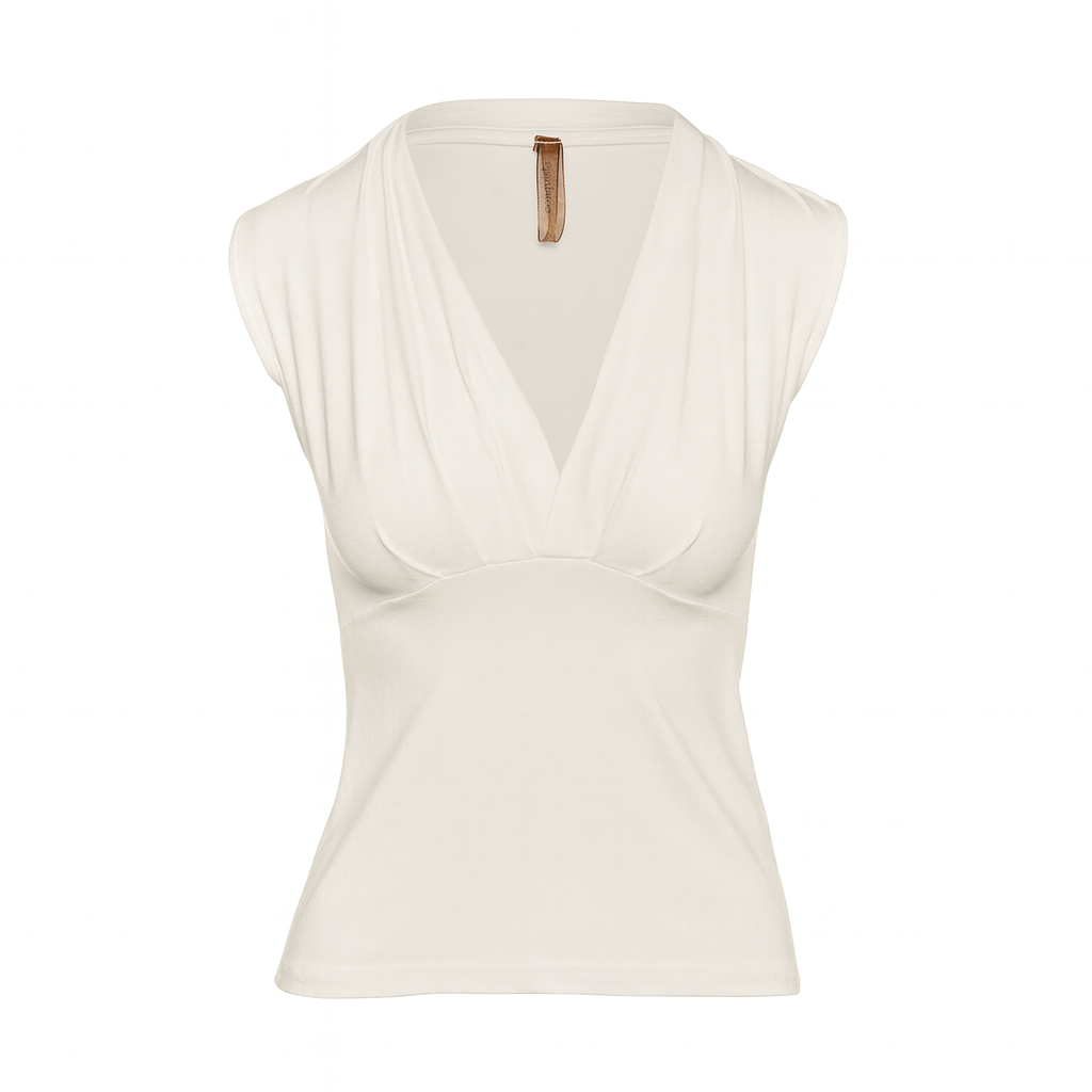 Women’s Sleeveless Ecru Jersey Top – Micromodal & Elastane V-Neck Blouse