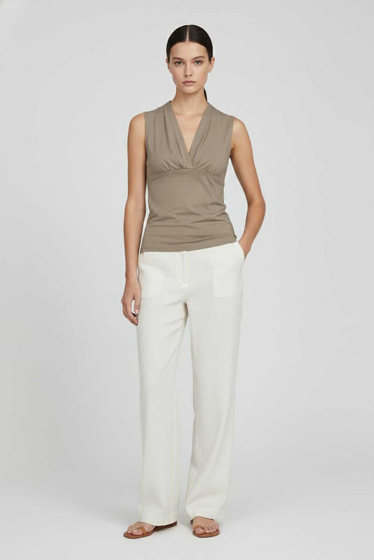 Sleeveless Drape-Neck Jersey Top in Taupe