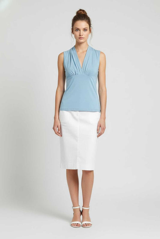 Sleeveless Drape-Front Jersey Top in Sky Blue