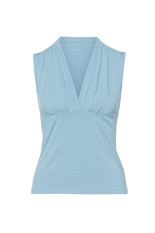 Sleeveless Drape-Front Jersey Top in Sky Blue