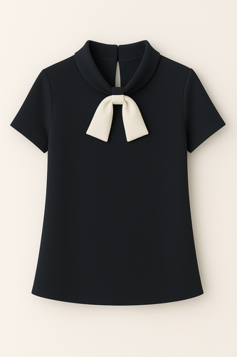 Short-Sleeve Blouse with Contrast Bow – Black