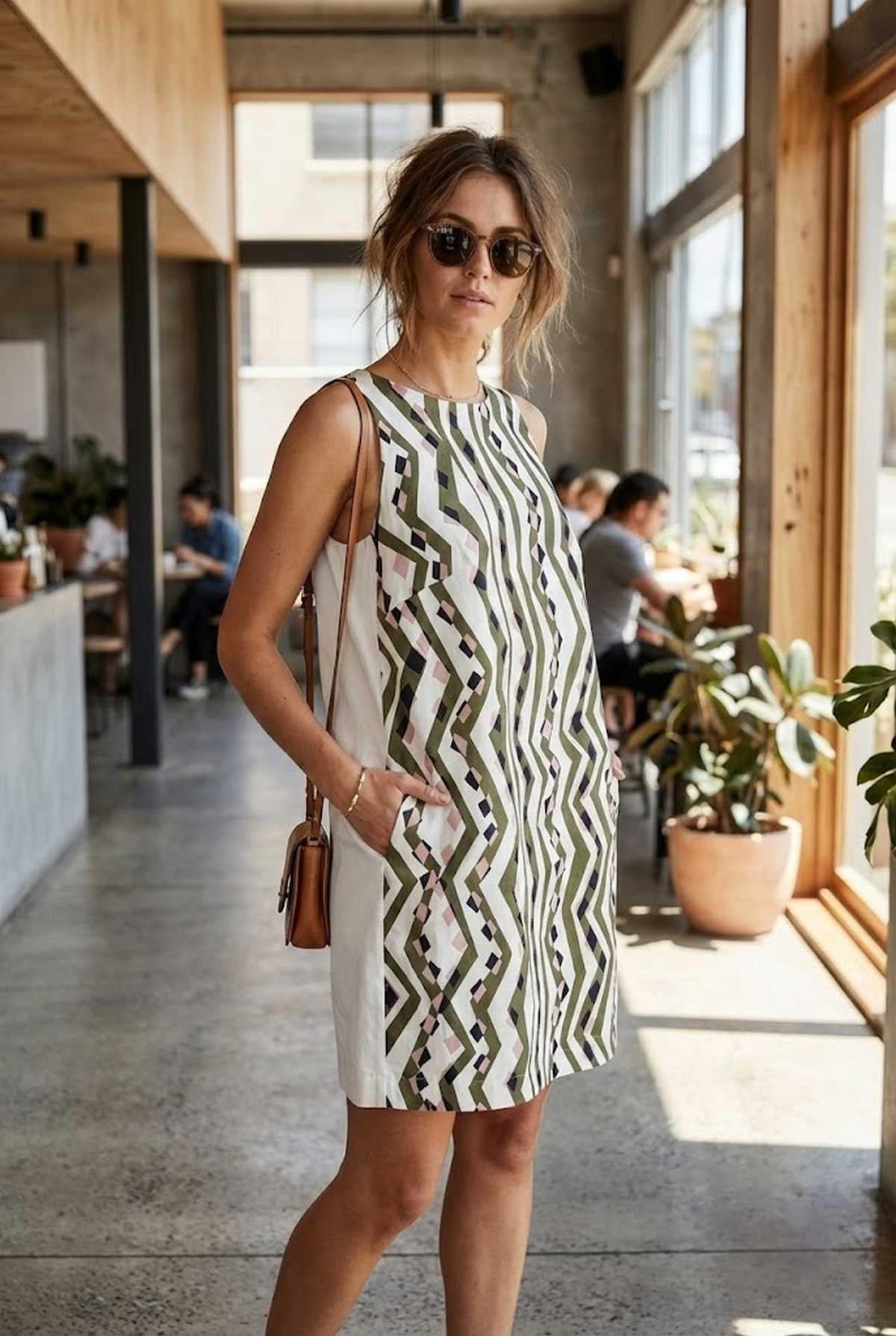 Φόρεμα σε γραμμή Α με γεωμετρικό σχέδιο και αμάνικο τελείωμα σε χρώμα ελιάς και μπλε