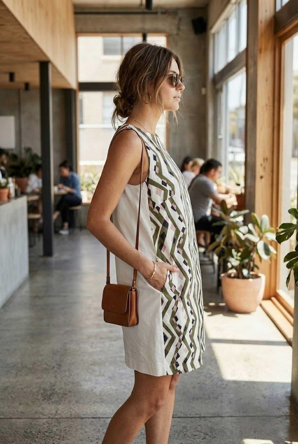 Φόρεμα σε γραμμή Α με γεωμετρικό σχέδιο και αμάνικο τελείωμα σε χρώμα ελιάς και μπλε