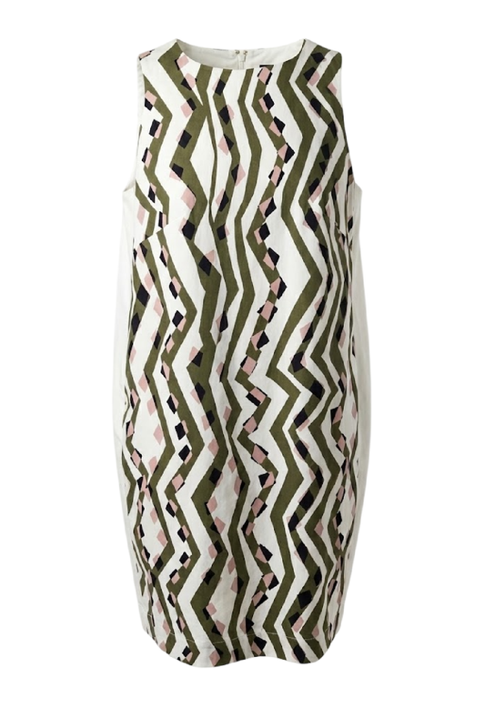 Sleeveless Geometric-Print A-Line Dress in Olive & Blush