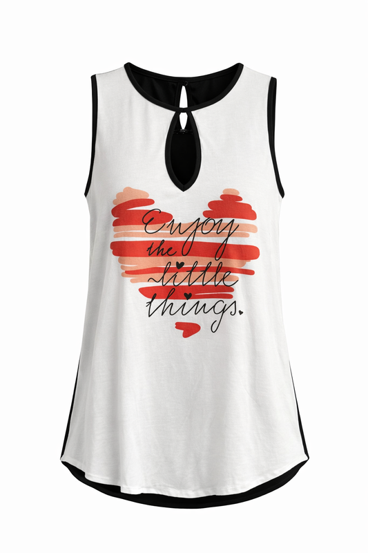 Sleeveless Contrast-Trim Top with Keyhole Neckline and Graphic Print