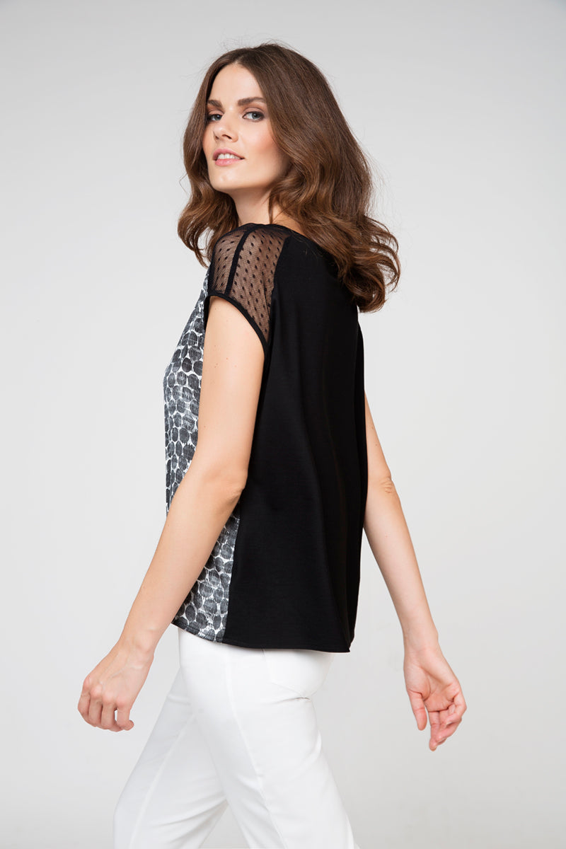 Women's Chic Printed Viscose Front Jersey Top With Contrasting Back & Mesh Shoulders
