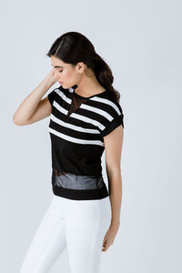 Women's Contemporary Black and White Striped Viscose-Elastane Jersey Top with Mesh Detail