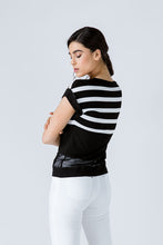 Load image into Gallery viewer, Women&#39;s Contemporary Black and White Striped Viscose-Elastane Jersey Top with Mesh Detail