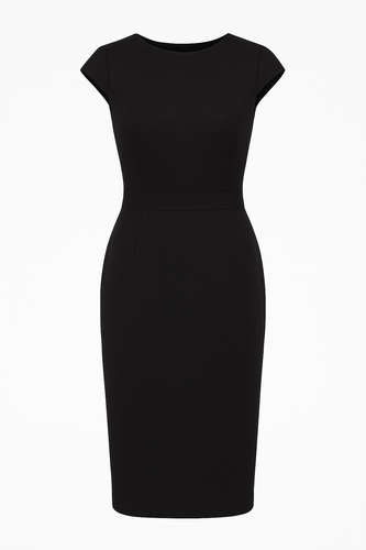 Solid Colour Dress with Cap Sleeves Black Color