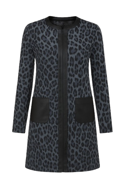 Παλτό με animal print και λεπτομέρεια από πλεκτό ύφασμα