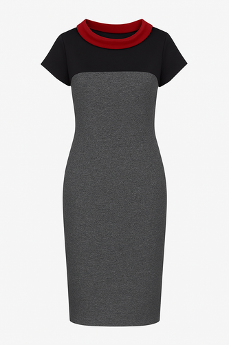 Straight Short Sleeve Dress with Stand Up Collar In Red