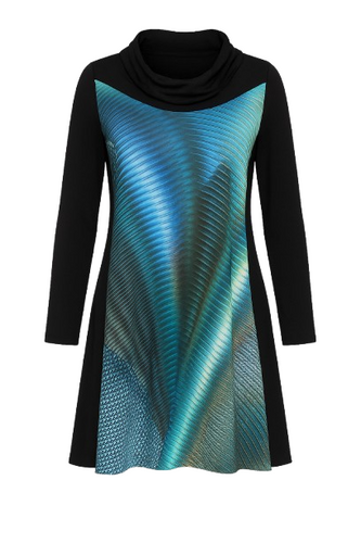 A Line Print Dress with Turtle Neck in Petrol
